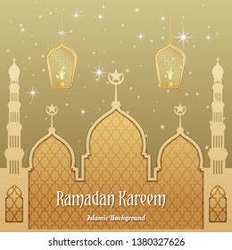 Ramadan Kareem greeting card. Vector template greeting card with intricate Arabic lamp on shiny abstract background.Vector Illustration for greeting card, poster and banner. - Vector