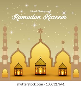 Ramadan Kareem greeting card. Vector template greeting card with intricate Arabic lamp on shiny abstract background.Vector Illustration for greeting card, poster and banner. - Vector