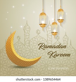 Ramadan Kareem greeting card. Vector template of a greeting card with intricate Arabic Moon and  Arabic lamp - Vector