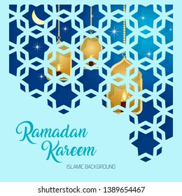 Ramadan Kareem greeting card. Vector template of a greeting card with intricate Arabic Moon and  Arabic lamp - Vector