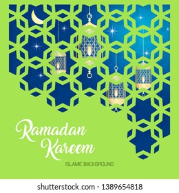 Ramadan Kareem greeting card. Vector template of a greeting card with intricate Arabic lamp - Vector