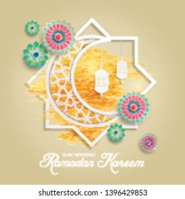 Ramadan Kareem greeting card. Vector template greeting card with intricate Arabic lamp on shiny abstract background.Vector Illustration for greeting card, poster and banner.
