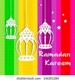 Ramadan Kareem greeting card / Vector template greeting card with intricate arabic lamp on colorful Islamic pattern Background / paper craft style 
