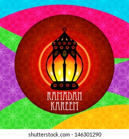 Ramadan Kareem greeting card / Vector template greeting card with intricate arabic lamp on shiny abstract background 