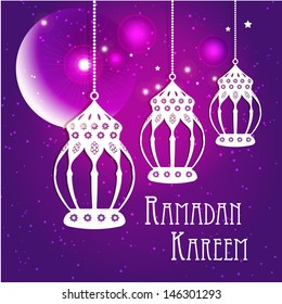 Ramadan Kareem greeting card / Vector template greeting card with intricate arabic lamp on sky night Background / paper craft style 