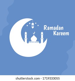 Ramadan Kareem greeting card. Vector template of a greeting card with  Arabic Moon and Mosque - Illustration