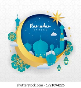 Ramadan Kareem Grußkartenvektorgrafik. Schöner Crescent-Mond mit Moschee auf islamischem Muster-Hintergrund. Kunststil aus Papier