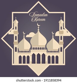 Ramadan Kareem greeting card vector with mosque, moon and cloud decoration. Isolated with purple background. Beautiful Islamic flyer, banner, poster, template design.