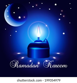 Ramadan Kareem greeting card / Vector template greeting card with intricate oil lamp on shiny abstract background 