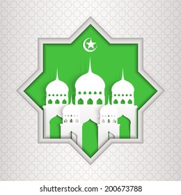 Ramadan Kareem greeting card / Vector template greeting card with Mosque and crescent moon  / paper craft style