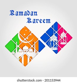 Ramadan Kareem greeting card / Vector template greeting card with intricate oil lamp,  Mosque and crescent moon / paper craft style 
