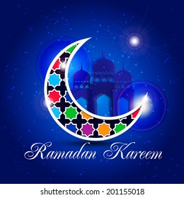Ramadan Kareem greeting card / Vector template greeting card with crescent moon /  Colorful crescent moon on blue background