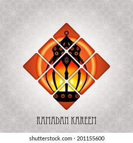 Ramadan Kareem greeting card / Vector template greeting card with intricate arabic lamp on shiny abstract background 