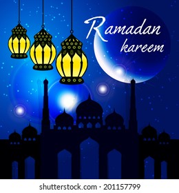 Ramadan Kareem greeting card / Vector template greeting card with intricate arabic lamp and  mosque on shiny abstract background 