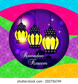 Ramadan Kareem greeting card / Vector template greeting card with intricate arabic lamp and mosque on shiny abstract background 