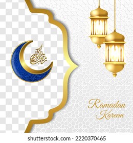 Ramadan Kareem greeting card. Vector template greeting card with Crescent moon and intricate Arabic lamp on shiny abstract background. Vector Illustration for greeting card, poster and banner.