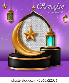 vector de tarjeta de felicitación ramadan kareem. Cartel de la celebración de la festividad islámica. vista de podio con luna de luna ornamentada, linterna y estrella. ilustración 3d realista.