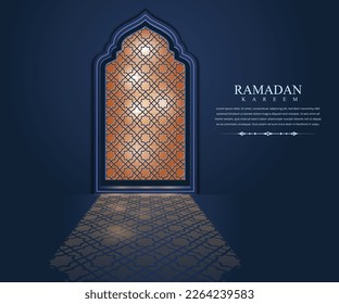 Ramadan kareem greeting card vector with arabic window of mosque. Ramadan poster illustration 