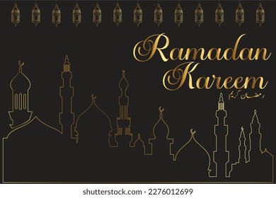 Ramadan Kareem Grußkarte. Vektorvorlage einer Grußkarte Islamic mit Moschee für Ramadan Kareem Golden Text mit schwarzem Hintergrund. Vektorgrafik eps10