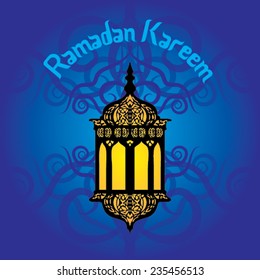 Ramadan Kareem greeting card / Vector Illustration template greeting card with intricate arabic lamp on shiny abstract background