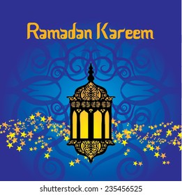 Ramadan Kareem greeting card / Vector Illustration template greeting card with intricate arabic lamp on shiny abstract background