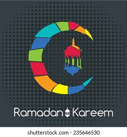 Ramadan Kareem greeting card / Vector Illustration template greeting card with intricate arabic lamp and moon on shiny abstract background