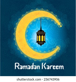 Ramadan Kareem greeting card / Vector Illustration template greeting card with intricate arabic lamp and moon on shiny abstract background