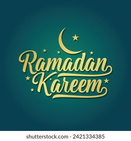Ramadan Kareem greeting card vector lettering illustration. Ramadan also called Ramazan, Ramzan, Ramadhan is Muslims worldwide a month of fasting. Ramadan gold lettering on green background.