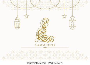 Ramadan Kareem Greeting Card Vector Line Illustration with Calligraphy of Kneeling in Prayer.