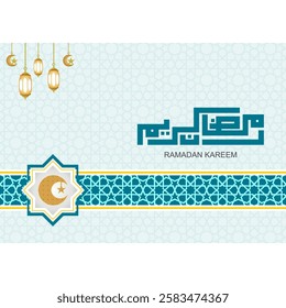 Ramadan Kareem greeting card vector. Islamic background for copy space with beautiful and elegant ornamental decorations and colors. Turquoise green background