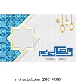 Ramadan Kareem greeting card vector. Islamic background for copy space with beautiful and elegant ornamental decorations and colors. Blue background