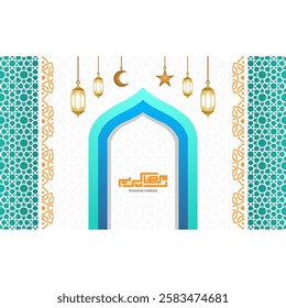 Ramadan Kareem greeting card vector. Islamic background for copy space with beautiful and elegant ornamental decorations and colors. Blue and turquoise background