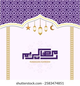 Ramadan Kareem greeting card vector. Islamic background for copy space with beautiful and elegant ornamental decorations and colors. Purple background