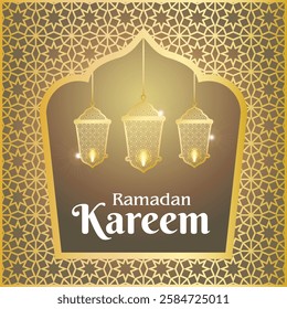 Ramadan Kareem greeting card. Vector template greeting card with intricate Arabic lamp on shiny abstract background. Vector Illustration for greeting card, poster and banner.