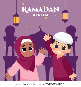 Ramadan Kareem Greeting Card Vector Design Muslim kid cartoon