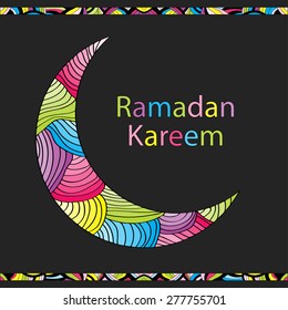 Ramadan Kareem greeting card. Vector illustration. Text and color moon in line art style.