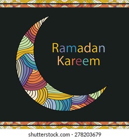 Ramadan Kareem greeting card. Vector illustration. Text and color moon in line art style.