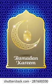 Ramadan Kareem greeting card / Vector template greeting card with intricate Arabic lamp and intricate Moon
