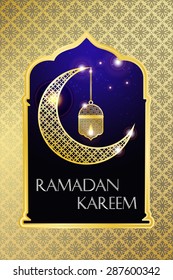 Ramadan Kareem greeting card / Vector template greeting card with intricate Arabic lamp and intricate Moon
