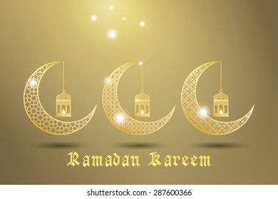 Ramadan Kareem greeting card / Vector template greeting card with intricate Arabic lamp and intricate Moon
