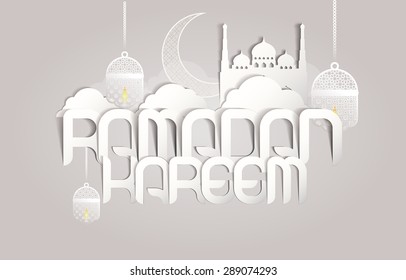 Ramadan Kareem greeting card / Vector template greeting card with intricate Arabic lamp , moon and Mosque
