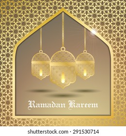 Ramadan Kareem greeting card / Vector template greeting card with intricate arabic lamp on shiny abstract background
