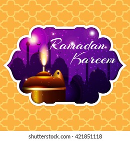 Ramadan Kareem greeting card / Vector template greeting card with intricate oil lamp on shiny abstract background.