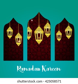 Ramadan Kareem greeting card / Vector template greeting card with intricate arabic lamp on shiny abstract background