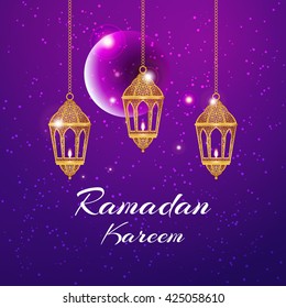 Ramadan Kareem greeting card / Vector template greeting card with intricate arabic lamp on shiny abstract background