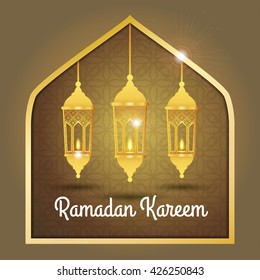 Ramadan Kareem greeting card / Vector template greeting card with intricate arabic lamp on shiny abstract background.