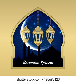 Ramadan Kareem greeting card / Vector template greeting card with intricate arabic lamp on shiny abstract background.
