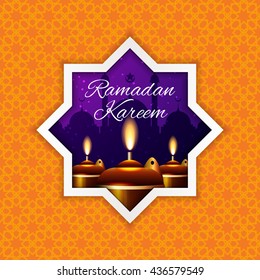 Ramadan Kareem greeting card / Vector template greeting card with intricate oil lamp on shiny abstract background.