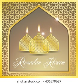 Ramadan Kareem greeting card / Vector template greeting card with intricate oil lamp on shiny abstract background.