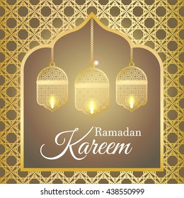 Ramadan Kareem greeting card / Vector template greeting card with intricate arabic lamp on shiny abstract background?
